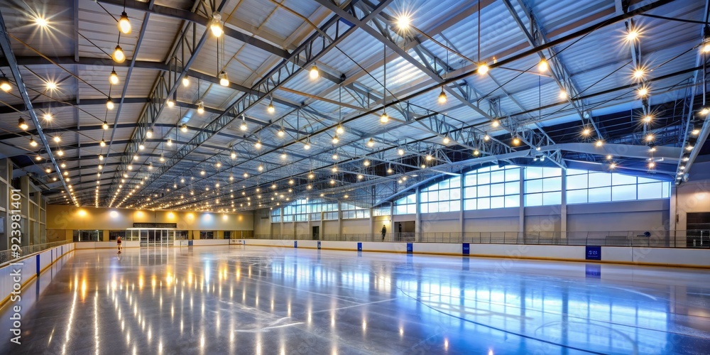 Illuminated Ice Rink Under a Steel Truss Roof, Ice Skating, Indoor Rink, Winter Sports Illuminated Ice Rink Under a Steel Truss Roof, Ice Skating, Indoor Rink, Winter Sports