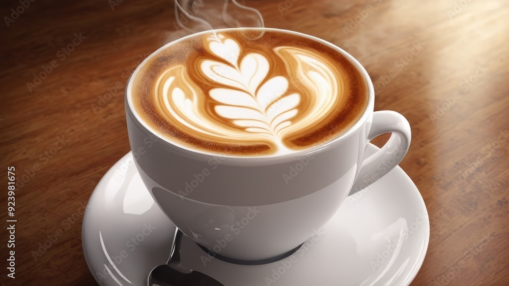 A beautifully crafted latte with intricate latte art in the shape of a heart, served in a white cup on a saucer, sitting on a warm-toned wooden table A beautifully crafted latte with intricate latte art in the shape of a heart, served in a white cup on a saucer, sitting on a warm-toned wooden table
