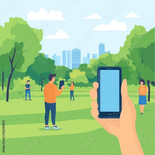 Firstperson view, holding a smartphone, people in a park, flat design illustration photo