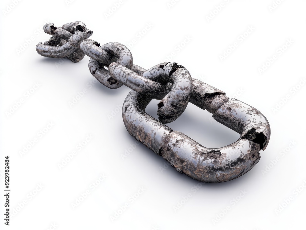 Fototapeta premium A broken chain, symbolizing freedom from oppression, detailed illustration, metallic textures, isolated on white background