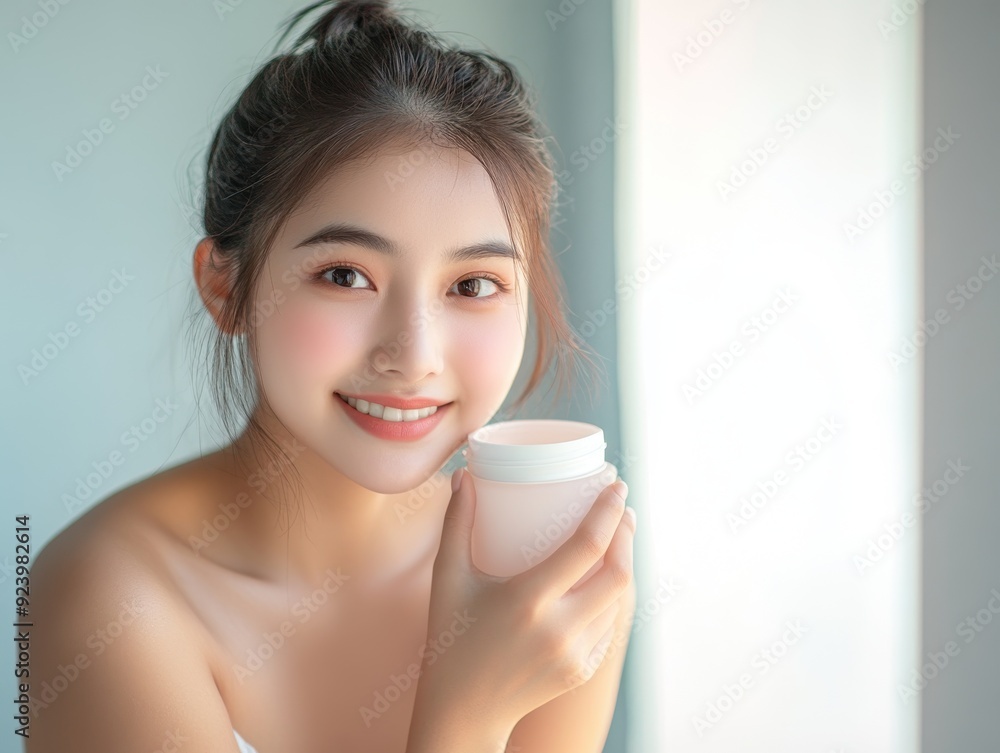 A young woman with clear glowing skin after a shower applies cream on her face. realistic photo.
A young woman with clear glowing skin after a shower applies cream on her face. realistic photo.