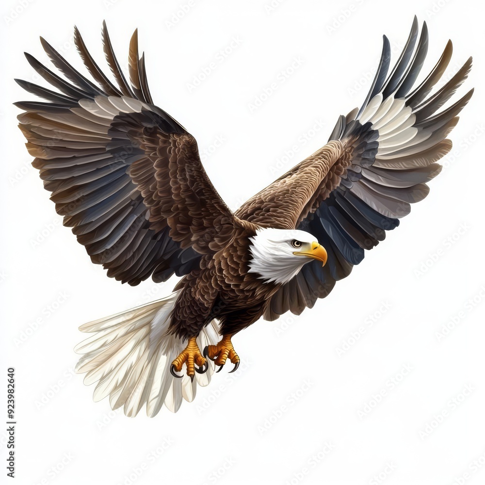 A bald eagle soaring in the sky, symbol of freedom, realistic style, detailed feathers, isolated on white background A bald eagle soaring in the sky, symbol of freedom, realistic style, detailed feathers, isolated on white background