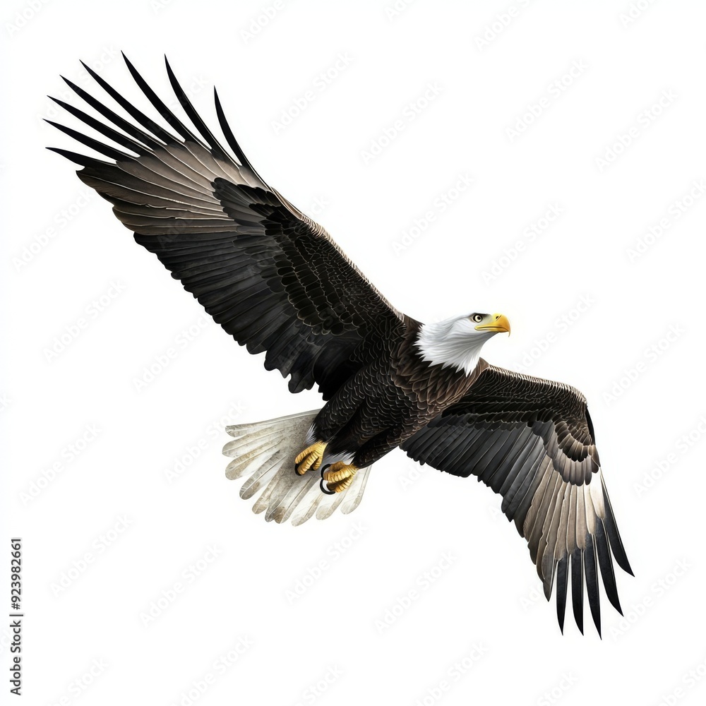 A bald eagle soaring in the sky, symbol of freedom, realistic style, detailed feathers, isolated on white background A bald eagle soaring in the sky, symbol of freedom, realistic style, detailed feathers, isolated on white background