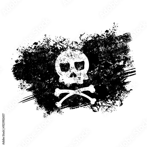 pirate skull with crossbones, destroyed pirate flag - vector illustration, isolated