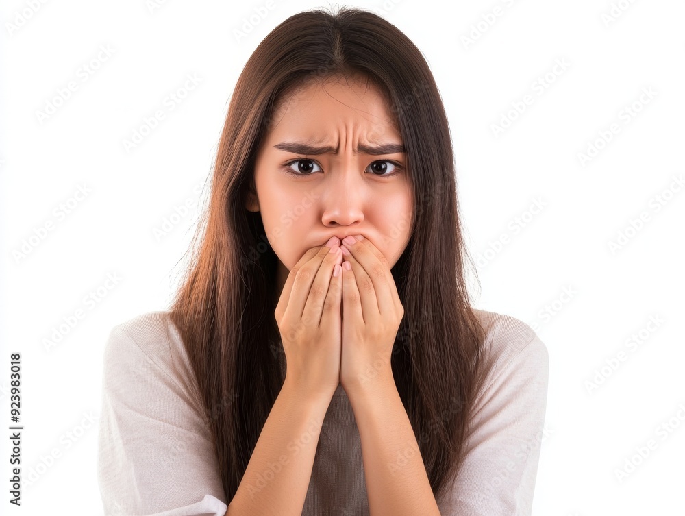 Young oriental woman presses her hands to her lips, nausea, pain, sickness, health care. realistic photo. realistic photo. Young oriental woman presses her hands to her lips, nausea, pain, sickness, health care. realistic photo. realistic photo.