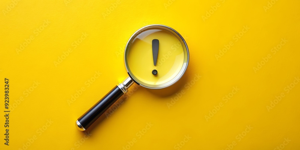 Magnifying Glass Focusing on an Exclamation Point on Yellow Background,magnifying glass, exclamation point, yellow background, attention Magnifying Glass Focusing on an Exclamation Point on Yellow Background,magnifying glass, exclamation point, yellow background, attention