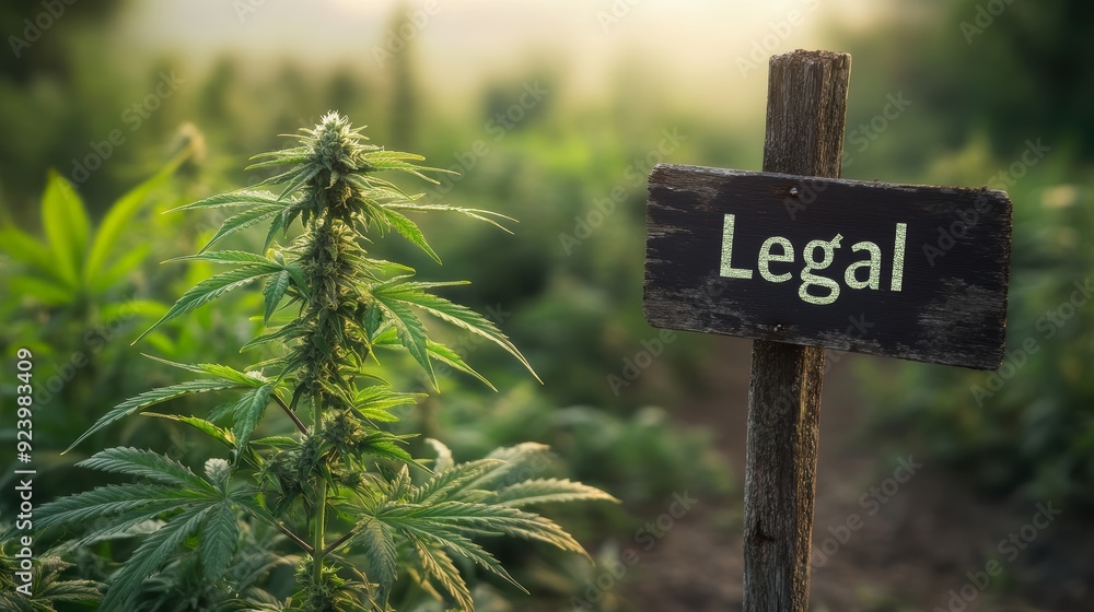 A cannabis plant stands next to a sign indicating it is legally grown, set in a lush, green field during a serene morning light A cannabis plant stands next to a sign indicating it is legally grown, set in a lush, green field during a serene morning light