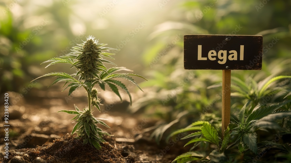 A cannabis plant grows beside a sign labeled A cannabis plant grows beside a sign labeled
