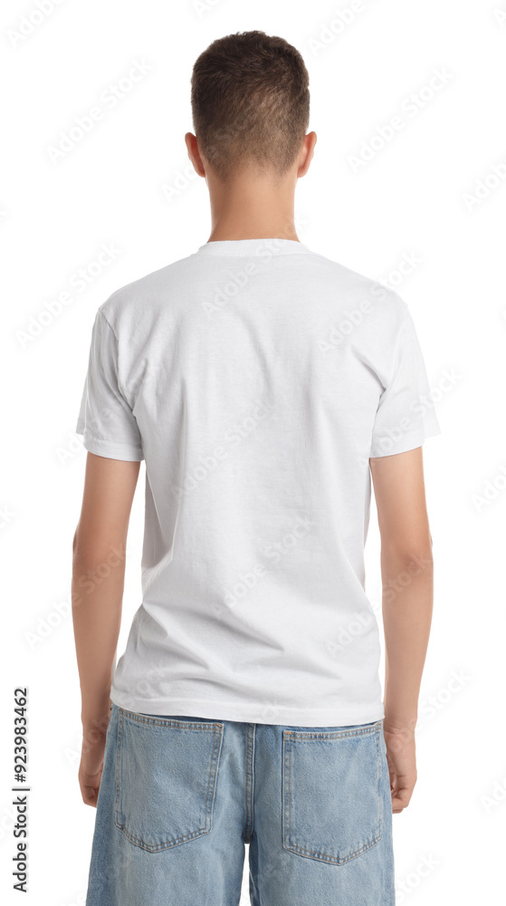 Teenage boy wearing t-shirt on white background, back view Teenage boy wearing t-shirt on white background, back view
