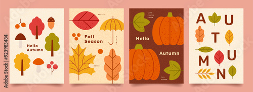 Creative concept of autumn bright poster set. Trendy design with typography, geometric fall leaves, fruits, pumpkins, berry with overlay effect. Templates for branding, ads, banner, cover, card.