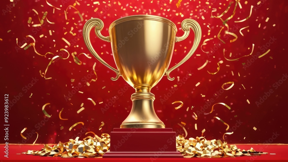 A golden trophy standing proudly on a red stage, surrounded by falling confetti, symbolizing achievement and celebration in a moment of victory A golden trophy standing proudly on a red stage, surrounded by falling confetti, symbolizing achievement and celebration in a moment of victory