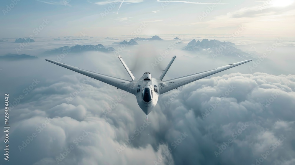 Obraz premium A white jet is flying through a cloudy sky