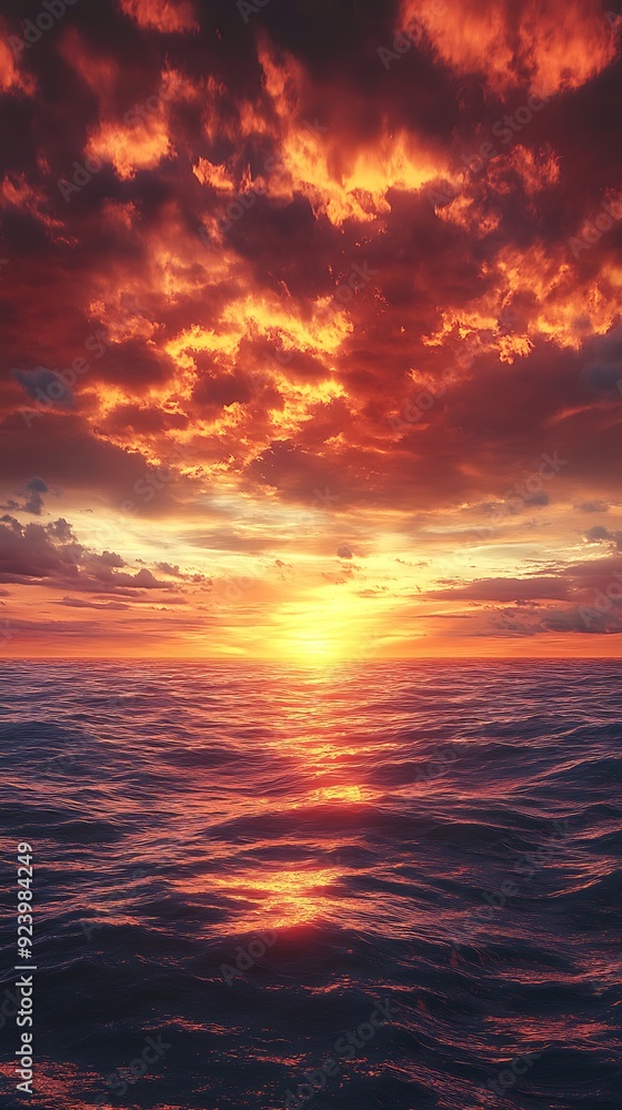 Obraz premium Fiery Sunset Over Rippling Ocean Waves