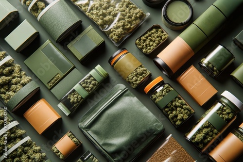 Various cannabis products and accessories including jars, pouches, and containers filled with cannabis buds displayed on a green surface
