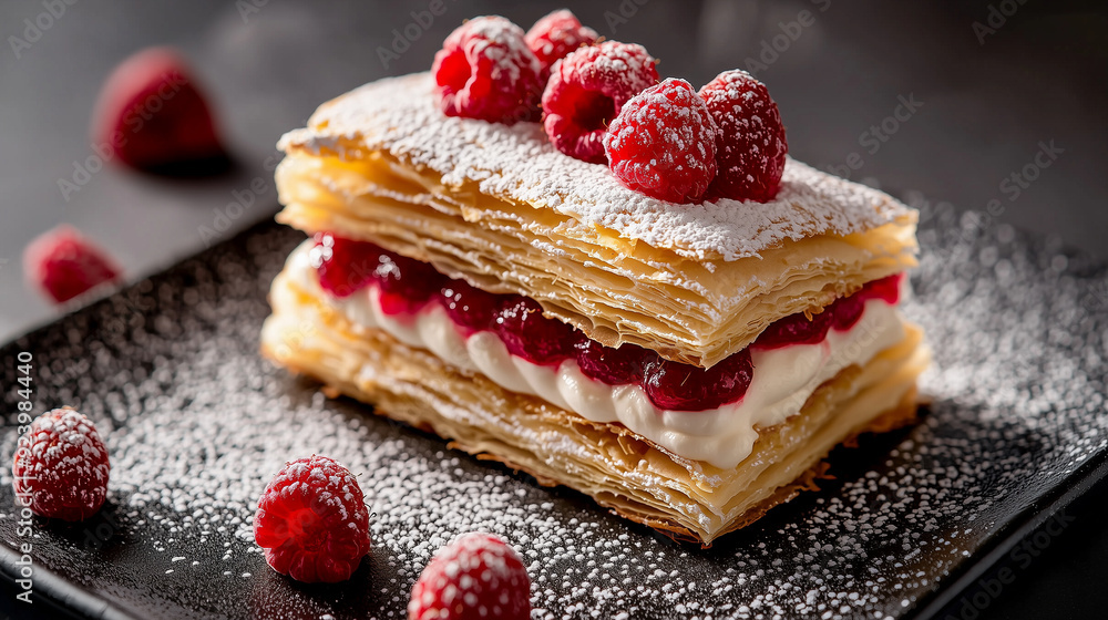 Michelin-Star Dessert of Mille-Feuille with Fresh Raspberries and Cream Michelin-Star Dessert of Mille-Feuille with Fresh Raspberries and Cream