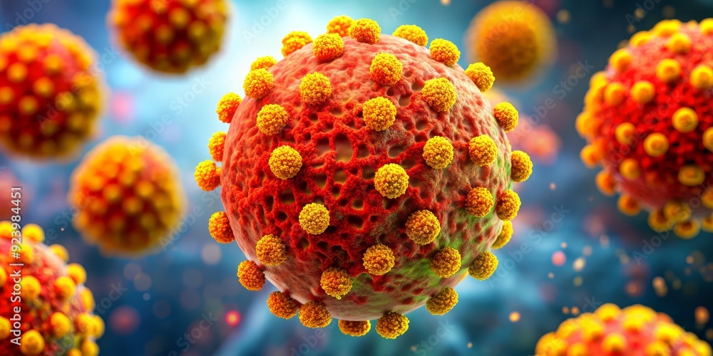 Microscopic View of a Virus 3D Render of a Red and Yellow Virus with Spikes, 3D rendering, medical illustration, microbiology, virus Microscopic View of a Virus 3D Render of a Red and Yellow Virus with Spikes, 3D rendering, medical illustration, microbiology, virus