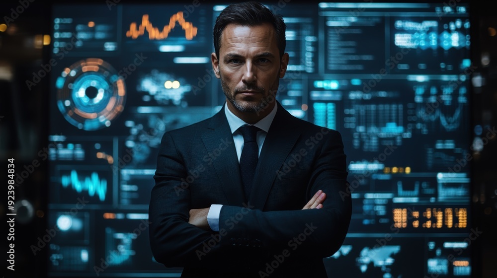 A confident businessman stands with arms crossed in front of a high-tech digital interface, exuding authority and professionalism. A confident businessman stands with arms crossed in front of a high-tech digital interface, exuding authority and professionalism.