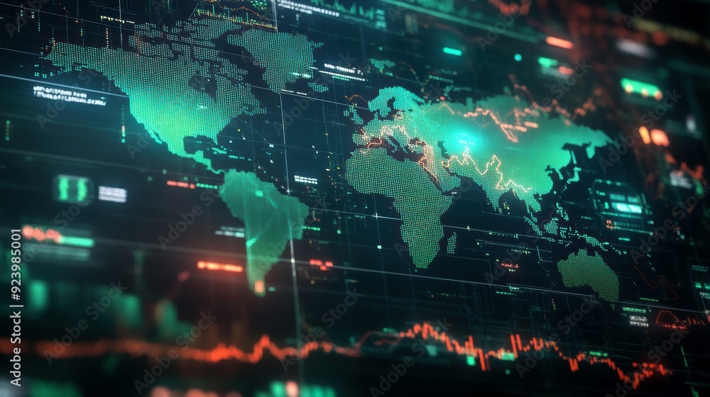 Obraz premium A digital world map displayed with glowing green elements, showcasing various data visualizations and digital graphs