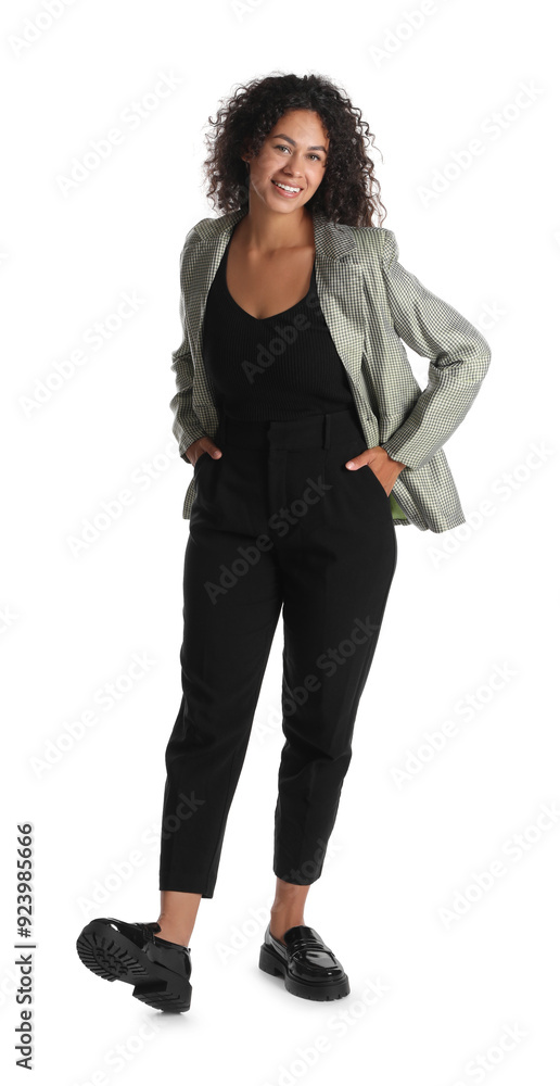 Beautiful woman in stylish jacket on white background Beautiful woman in stylish jacket on white background