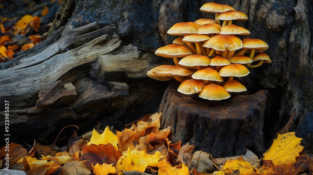 Cluster of yellow mushrooms growing on tree stump with autumn leaves ...