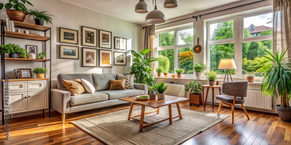 Modern Living Room with Grey Sofa and Wooden Coffee Table, Warm Sunlight Through Window, Cozy Living Space, Decorated with Plants and Artwork, living room, interior design, home decor Modern Living Room with Grey Sofa and Wooden Coffee Table, Warm Sunlight Through Window, Cozy Living Space, Decorated with Plants and Artwork, living room, interior design, home decor
