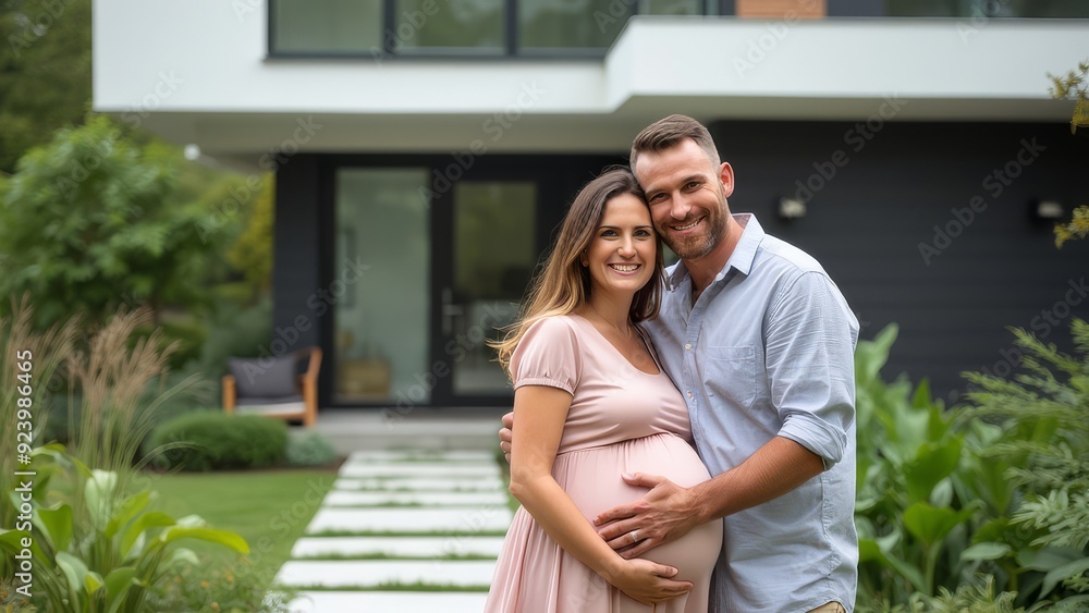 Fototapeta premium A delighted couple celebrates their pregnancy in their garden
