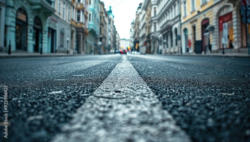 A low-angle photo of the asphalt on an empty street