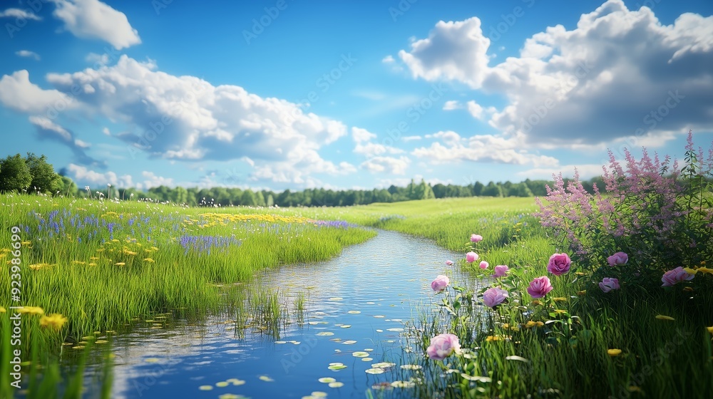 Tranquil riverside landscape featuring blooming flowers and lush greenery under a bright blue sky