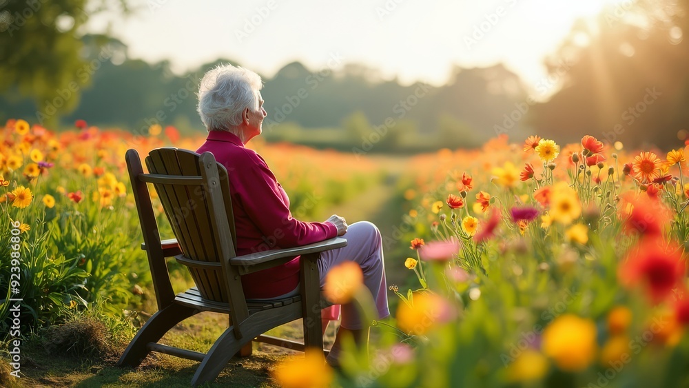 An elderly woman relaxes in a flower-filled landscape at sunset An elderly woman relaxes in a flower-filled landscape at sunset