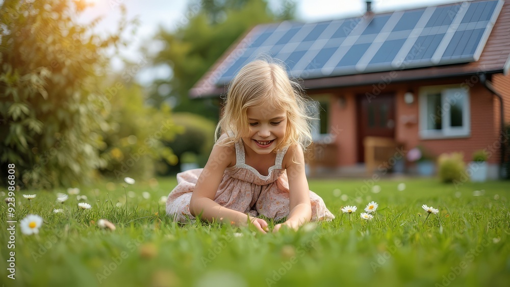 A cheerful girl enjoys playing in the garden surrounded by blooming flowers A cheerful girl enjoys playing in the garden surrounded by blooming flowers