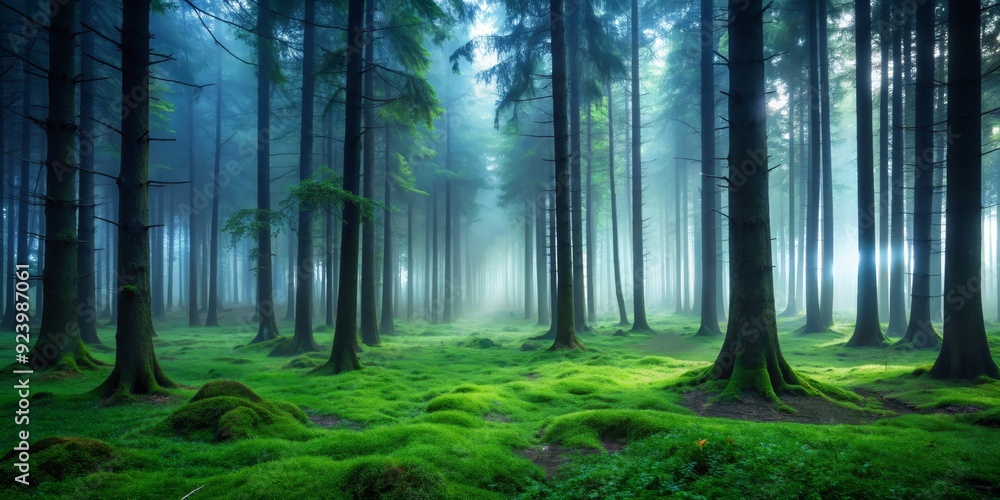Mystical Forest Path Through Fog, Pine Trees, Green Moss, Sunbeams, Nature, Photography, Landscape Mystical Forest Path Through Fog, Pine Trees, Green Moss, Sunbeams, Nature, Photography, Landscape