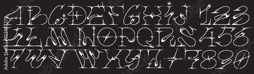 Edgy Y2K vector alphabet font with liquid, grunge textures and tribal shapes. Combines acid and neotribal vibes with gothic and emo elements, featuring starry sparks and unique typography.