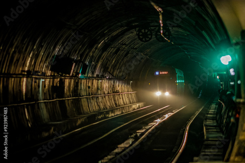 ROUEN, NORMANDY, FRANCE - 2024: Rouen tramway, locally called "Métro de Rouen", underground "Palais de Justice" station, train arriving in tunnel with lights on