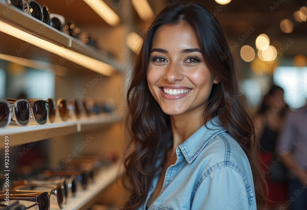 Young woman smiling while browsing sunglasses in a bright retail store Young woman smiling while browsing sunglasses in a bright retail store