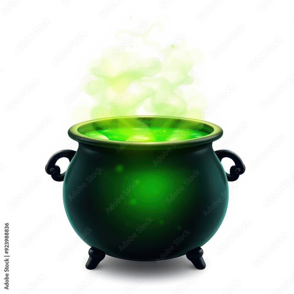 Green bubbling cauldron with magical mist in an enchanting setting Green bubbling cauldron with magical mist in an enchanting setting