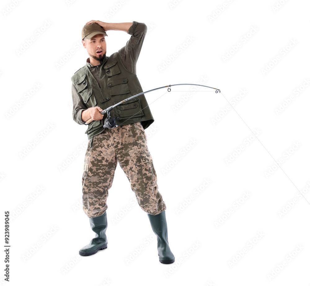 Emotional fisherman with rod fishing on white background Emotional fisherman with rod fishing on white background