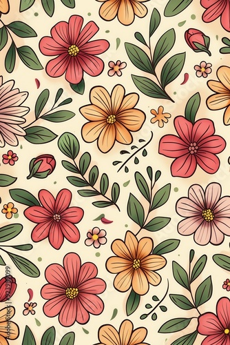 Floral pattern featuring colorful flowers and greenery on a light background