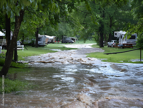 Campground flooded by fast-flowing water, tents and belongings swept away by powerful currents. photo