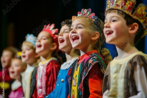 A lively scene of children performing on a stage in a children theater, joy and creativity of young performers