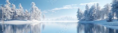 Tranquil Winter Landscape Banner with Serene Typography and 3D Elements on a Clean Blue Background - Ideal for Text Placement to the Right