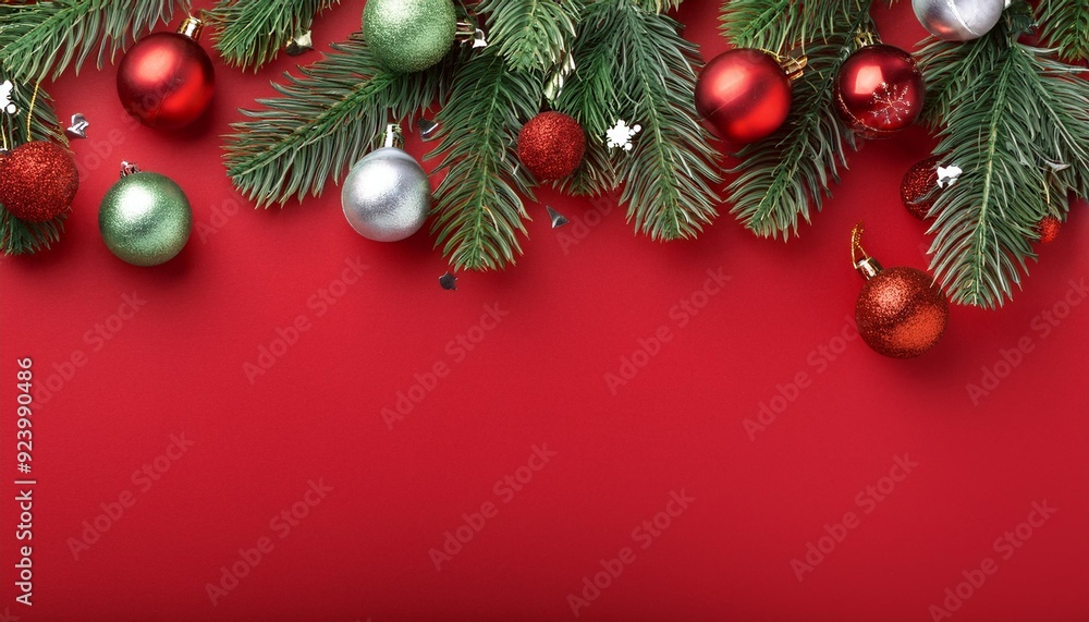 Christmas mockup red background with Candy Cane and Ribbon Accents - Christmas border with fir branches decorated with toys. Graphic art illustration Christmas mockup red background with Candy Cane and Ribbon Accents - Christmas border with fir branches decorated with toys. Graphic art illustration