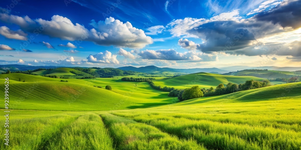 Obraz premium Rolling Green Hills Under a Dramatic Sky, Landscape Photography, Green Fields, Rolling Hills, Blue Sky, Nature, Clouds