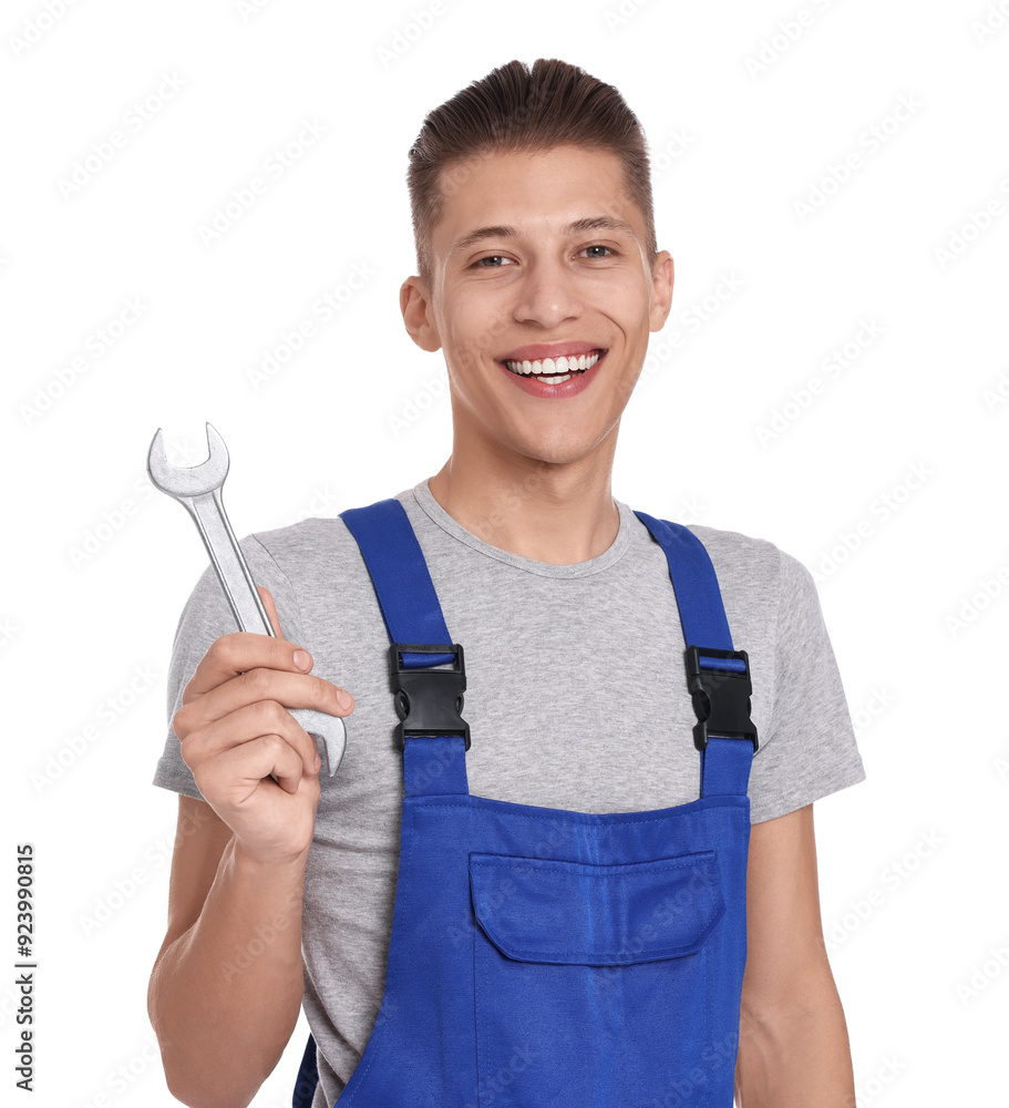 Smiling auto mechanic with wrench on white background Smiling auto mechanic with wrench on white background
