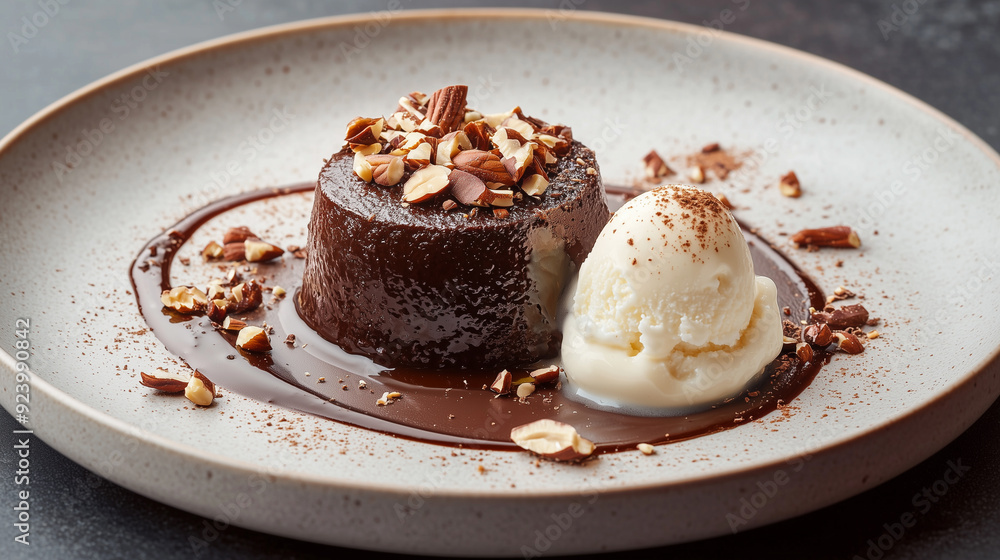 Refined Dessert Presentation of Dark Chocolate Fondant with Vanilla Ice Cream Refined Dessert Presentation of Dark Chocolate Fondant with Vanilla Ice Cream