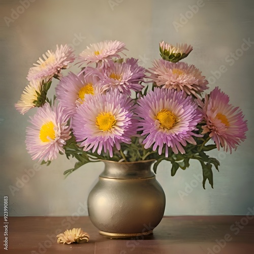 Wallpaper Mural Beautiful Asters Flowers in a Vase on a Vintage Minimalistic Background - Perfect for Home Decor, Office Decor, and Floral Art Torontodigital.ca