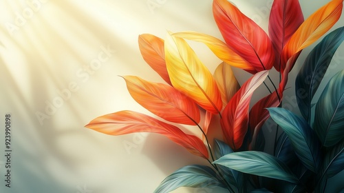 Colorful tropical leaves showcasing autumn hues against a softly lit background