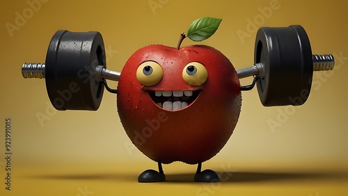 apple lifting weights, red apple and dumbbells, apple and dumbbells, fruit weightlifting, 