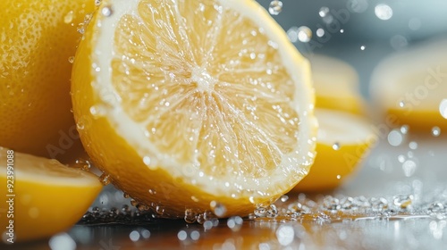 A dynamic shot of cut lemon halves splashing and glistening in water, illuminating their juicy texture and refreshing quality, emphasizing the vibrancy and zestiness of lemons. photo