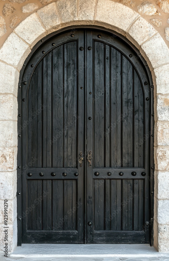 Fototapeta premium Black wooden double doors, with an arched top, set in an ancient stone wall