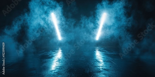 Wallpaper Mural Rays searchlight light neon . Dark empty scene with smoke. Reflections on wet asphalt , ai Torontodigital.ca